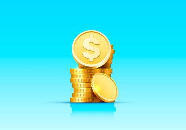 Mavi arka planda yükselen altın sikke yığınları. Vektör