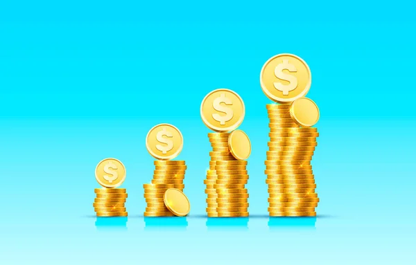 Stapelweise steigende Münzen Goldmünzen auf blauem Hintergrund. Vektor — Stockvektor