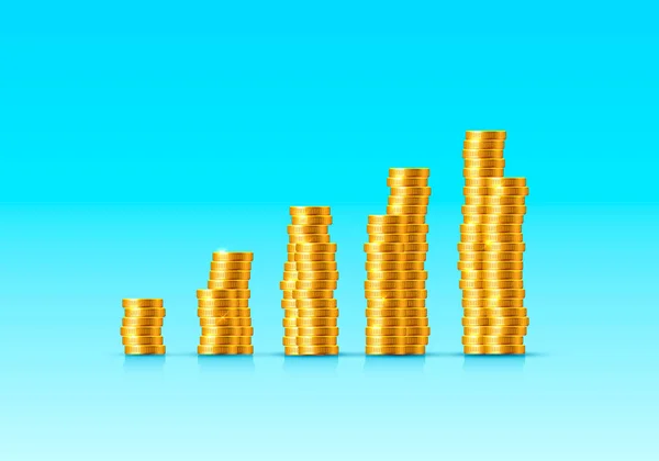 Stacks of increasing coins gold coins on blue background. Vector — Stock Vector