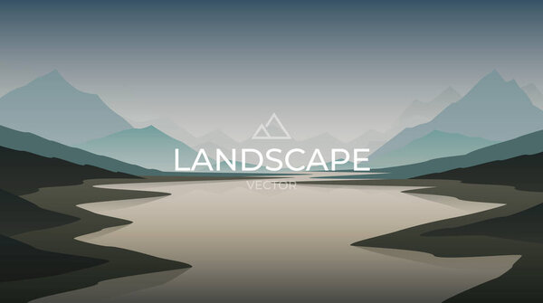 Lake at nature sunset with mountains landscape. Nature background. Vector