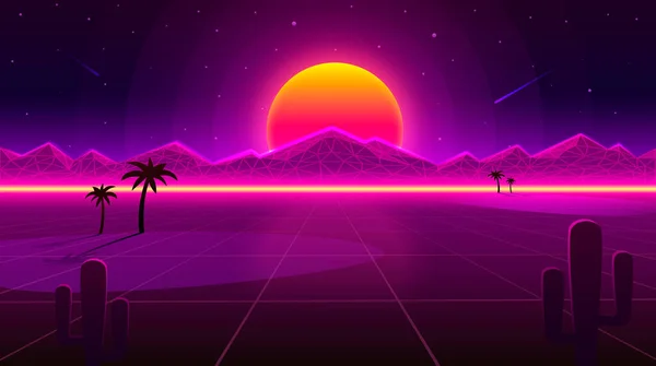 Retro fala Desert neon pokrywa z oazą i palmami. Środowisko naturalne. Wektor — Wektor stockowy