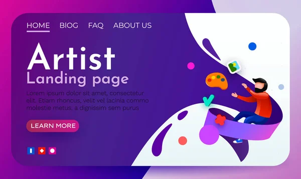 Modelo artístico de landing page. Homem voador. Escola de pintura digital. Ilustração vetorial — Vetor de Stock