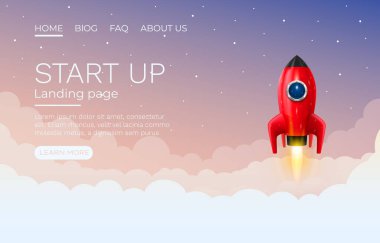 Start up idea Landing page screen, development technology, rocket banner. Vector clipart