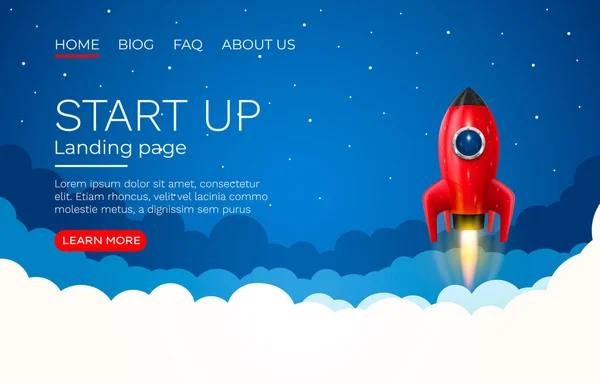 Start-up-Idee Landing Page Screen, Entwicklungstechnologie, Raketenbanner. Vektor — Stockvektor