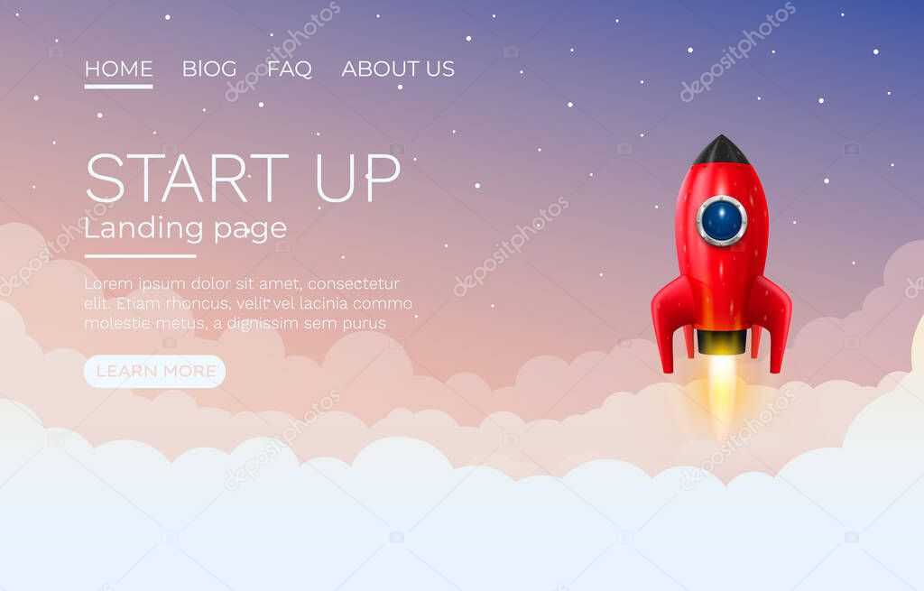 Start up idea Landing page screen, development technology, rocket banner. Vector