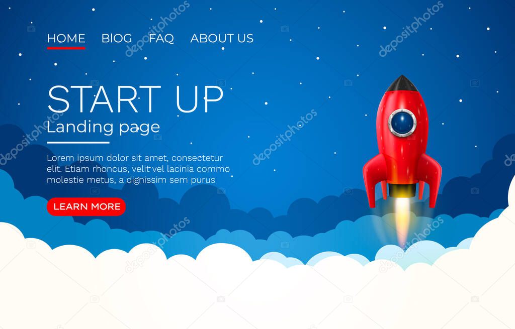 Start up idea Landing page screen, development technology, rocket banner. Vector