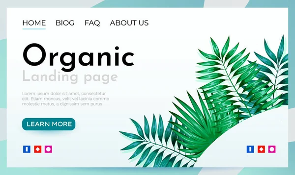 Plantilla de página de aterrizaje con hojas de palma exóticas verdes de moda. Diseño botánico tropical. Concepto para el desarrollo de sitios web — Vector de stock