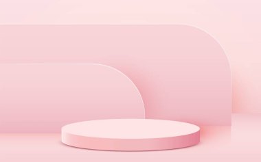 Soyut sahne arkaplanı. Pembe arka planda silindir podyum. Ürün sunumu, modelleme, kozmetik ürünü, podyum, sahne kaidesi veya platformu göster.
