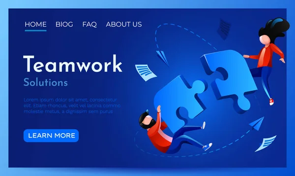 La gente vuela alrededor del rompecabezas. Cooperación, trabajo en equipo y concepto de asociación. Plantilla del sitio web de landing page. — Archivo Imágenes Vectoriales