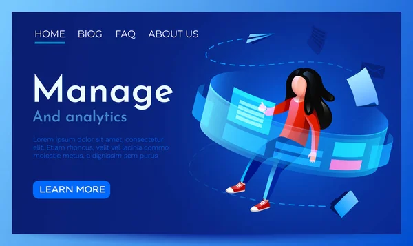 Folk flyger runt virtuell bildskärm. Analysera digitala data, virtuell verklighet och ekonomisk förvaltning. Mall för landningssida. — Stock vektor