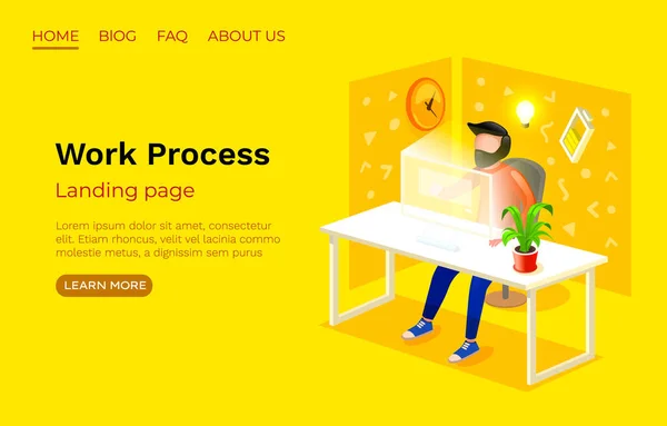 Processus de travail salle de bureau, site de page de destination, développeur pigiste. Vecteur — Image vectorielle