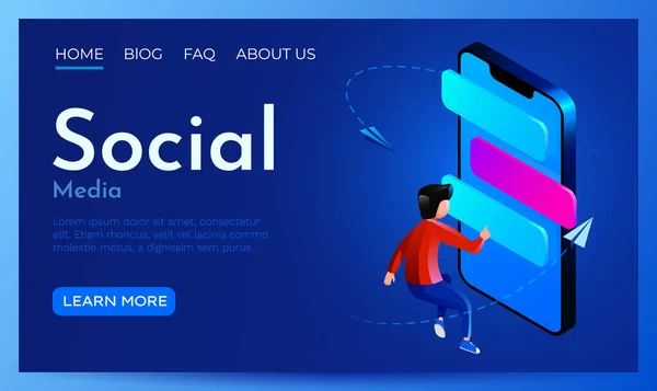 People fly around smartphone witch chat bubbles. Social media, messaging or online support concept. Landing page website template. — Stock Vector