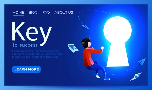 People fly around shiny keyhole. Opportunity, solution or key to success concept. Landing page website template. — Stock Vector