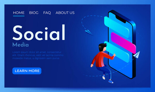 People fly around smartphone witch chat bubbles. Social media, messaging or online support concept. Landing page website template. Vector Graphics