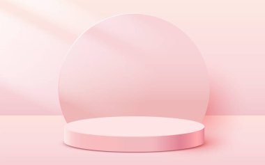 Soyut sahne arkaplanı. Pembe arka planda silindir podyum. Ürün sunumu, modelleme, kozmetik ürünü, podyum, sahne kaidesi veya platformu göster.