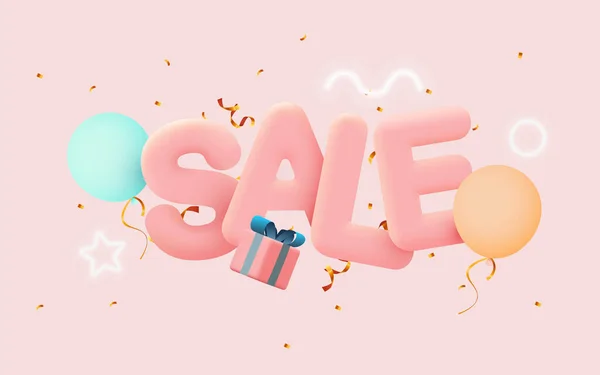 Grande bannière de vente à prix réduit ou design d'affiche sur fond rose vif. Vente composition mot avec coffret cadeau, ballons, confettis. — Image vectorielle
