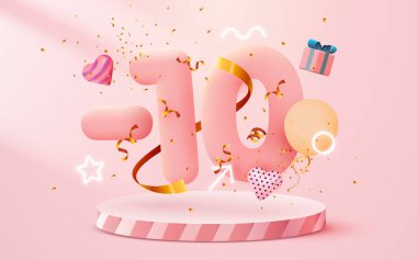 Yüzde 10 indirim. Yaratıcı kompozisyon indirimi. Dekoratif nesnelerin olduğu 3D satış sembolü, kalp şeklinde balonlar, altın konfeti, podyum ve hediye kutusu. Satış afişi ve poster.