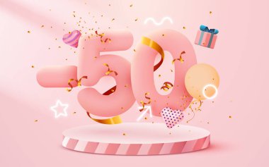 Yüzde 50 indirim. Yaratıcı kompozisyon indirimi. Dekoratif nesnelerin olduğu 3D satış sembolü, kalp şeklinde balonlar, altın konfeti, podyum ve hediye kutusu. Satış afişi ve poster.