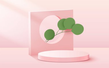 Soyut sahne arkaplanı. Pembe arka planda yaprakları olan silindir podyum. Ürün sunumu, modelleme, kozmetik ürünü, podyum, sahne kaidesi veya platformu göster.