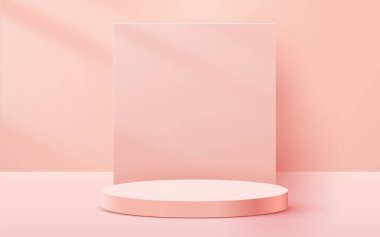 Soyut sahne arkaplanı. Pembe arka planda silindir podyum. Ürün sunumu, modelleme, kozmetik ürünü, podyum, sahne kaidesi veya platformu göster.