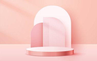 Soyut sahne arkaplanı. Pembe arka planda silindir podyum. Ürün sunumu, modelleme, kozmetik ürünü, podyum, sahne kaidesi veya platformu göster.
