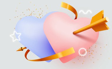 Aşk oku saplanmış iki sevgi dolu kalp. Sevgililer Günü veya düğün kompozisyonu.