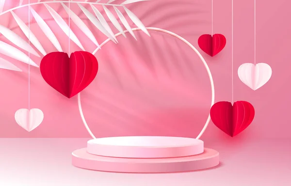 Presentación etapa podio corazón, escenario podio Escena Corazón rojo de San Valentín Día sobre fondo de color. Vector — Archivo Imágenes Vectoriales