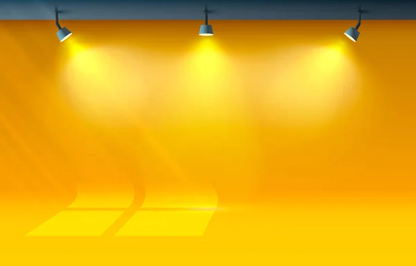 Estudio luminoso, escena de presentación iluminada, fondo naranja. Vector — Vector de stock