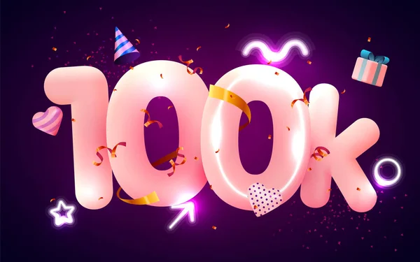 100k ou 10000 followers merci Coeur rose, confettis dorés et néons. Social Network amis, abonnés, internaute Merci de célébrer les abonnés ou abonnés et aime. — Image vectorielle