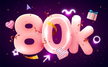 80.000 ya da 80.000 takipçi teşekkür eder. Pembe kalp, altın konfeti ve neon tabelalar. Sosyal Ağ Arkadaşları, takipçileri, Web kullanıcısı Abone veya takipçilerinin ve sevdiklerinin kutlaması için teşekkürler.