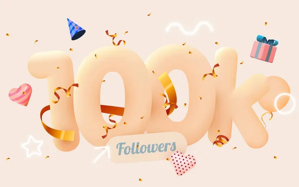100k ou 10000 followers merci Coeur rose, confettis dorés et néons. Social Network amis, abonnés, internaute Merci de célébrer les abonnés ou abonnés et aime. — Image vectorielle