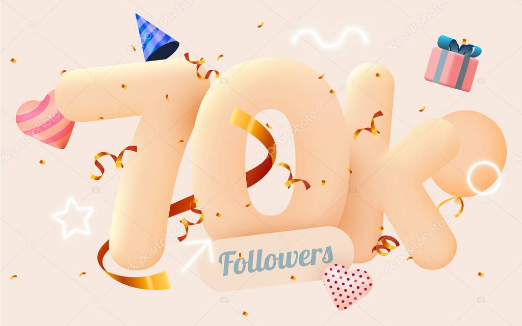 70k or 70000 followers thank you Pink heart, golden confetti and neon signs. Social Network friends, followers, Web user Thank you celebrate of subscribers or followers and likes.