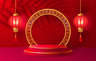 Çin Yeni Yıl Festivali posteri, hafif element dekoratif sahne, podyum süsü. Vektör