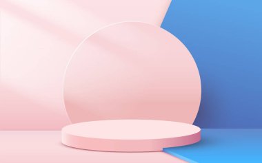 Soyut sahne arkaplanı. Pembe arka planda silindir podyum. Ürün sunumu, modelleme, kozmetik ürünü, podyum, sahne kaidesi veya platformu göster.