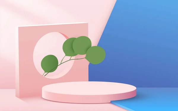 Sfondo astratto della scena. Podio cilindro con foglie su sfondo rosa. Presentazione del prodotto, modellare, mostrare il prodotto cosmetico, podio, palco piedistallo o piattaforma. — Vettoriale Stock