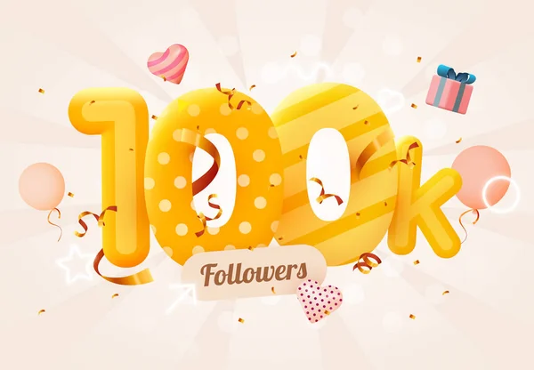 100k ou 100000 followers merci Coeur rose, confettis dorés et néons. Social Network amis, abonnés, internaute Merci de célébrer les abonnés ou abonnés et aime. — Image vectorielle