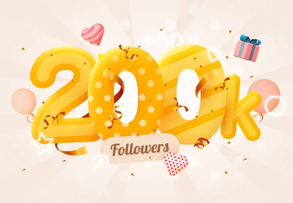 200.000 oder 200.000 Follower bedanken sich mit rosa Herzen, goldenem Konfetti und Leuchtreklamen. Freunde in sozialen Netzwerken, Follower, Web-User Danke, dass Sie Abonnenten oder Follower und Likes feiern. — Stockvektor