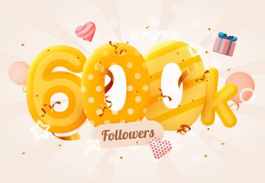 600k or 600000 followers thank you Pink heart, golden confetti and neon signs. Social Network friends, followers, Web user Thank you celebrate of subscribers or followers and likes. clipart