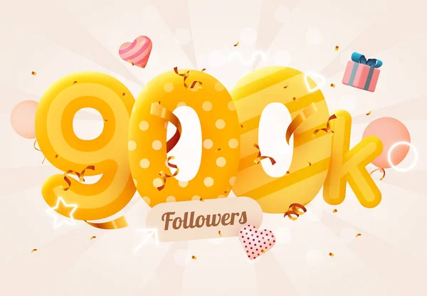 900k o 900000 seguidores gracias Corazón rosa, confeti dorado y letreros de neón. Amigos de redes sociales, seguidores, usuarios de la Web Gracias celebran de suscriptores o seguidores y me gusta. — Vector de stock