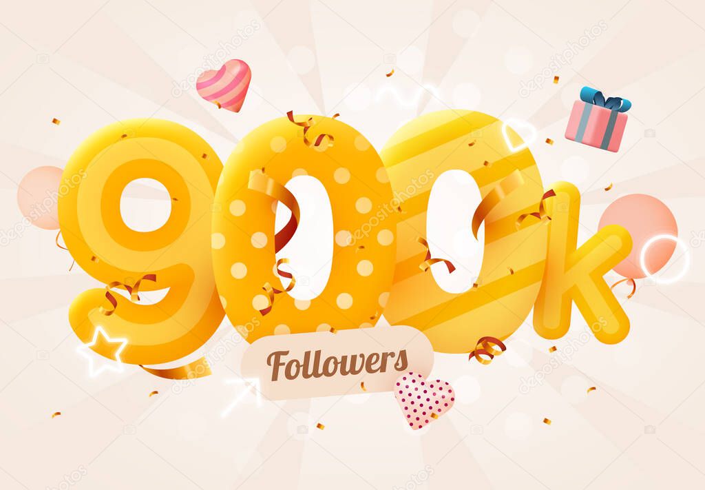 900k or 900000 followers thank you Pink heart, golden confetti and neon signs. Social Network friends, followers, Web user Thank you celebrate of subscribers or followers and likes.