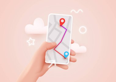 Hand holding phone with map and pointer. Mobile gps navigation and tracking concept. Background for web sites, banners. Location track app on touch screen smartphone.