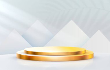 Işıklı altın sahne podyumu, gri arka planda ödül töreniyle sahne podyumu. Vektör