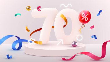 Yüzde 70 indirim. Yaratıcı kompozisyon indirimi. Dekoratif nesnelerin olduğu 3D satış sembolü, kalp şeklinde balonlar, altın konfeti, podyum ve hediye kutusu. Satış afişi ve poster.