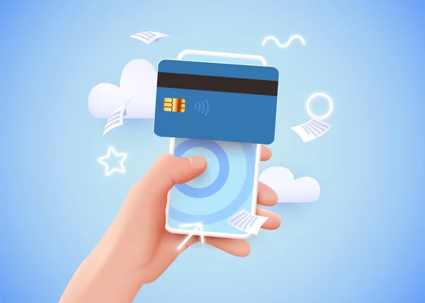 Mobile banking app and e-payment. Hand with smartphone and pay by credit card via electronic wallet wirelessly on phone. Online banking. Shopping by phone and connected card. — Stock Vector