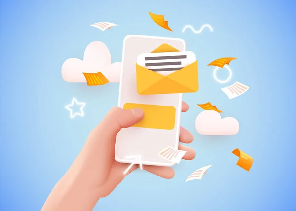 Handheld mobiele telefoon met mail app. Begrip postdienst. — Stockvector