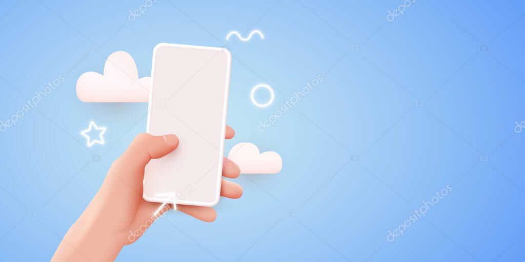 Hand holding mobile smart phone with blank screen. Modern mockup.