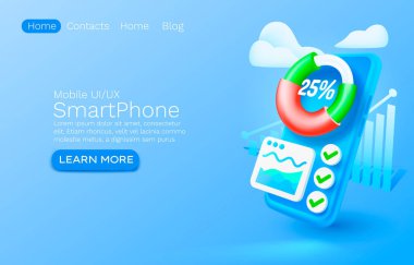 Mobil analiz uygulaması, grafik finans şeması, web sitesi afiş tasarımı. Vektör