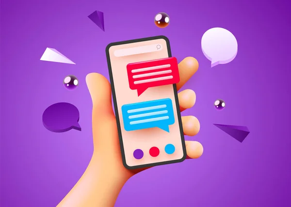 Mignon téléphone main tenant avec des messages courts. Discuter avec des amis et envoyer des messages. Boîtes à bulles vocales colorées sur l'écran du smartphone. — Image vectorielle