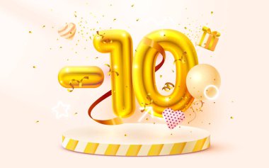 10 indirim. Yaratıcı kompozisyon indirimi. 3D Altın Satış sembolü, dekoratif nesneler, kalp şeklinde balonlar, altın konfeti, podyum ve hediye kutusu. Satış afişi ve poster. Vektör