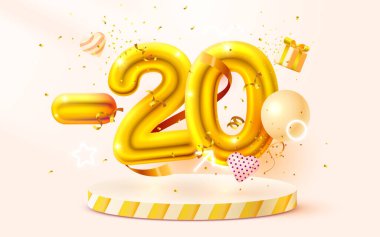 20 indirim. Yaratıcı kompozisyon indirimi. 3D Altın Satış sembolü, dekoratif nesneler, kalp şeklinde balonlar, altın konfeti, podyum ve hediye kutusu. Satış afişi ve poster. Vektör